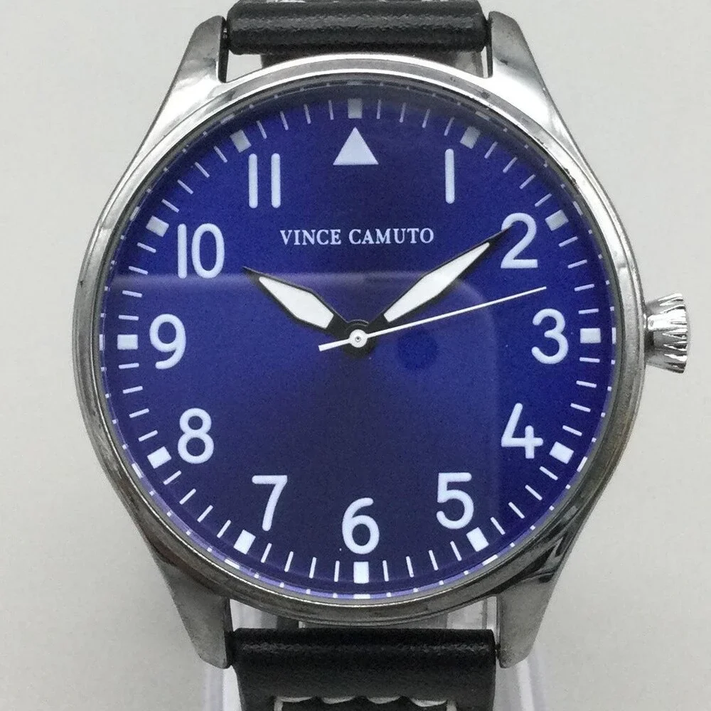 Vince Camuto Mens Watch 42mm Blue Dial Black Leather Stainless New Battery